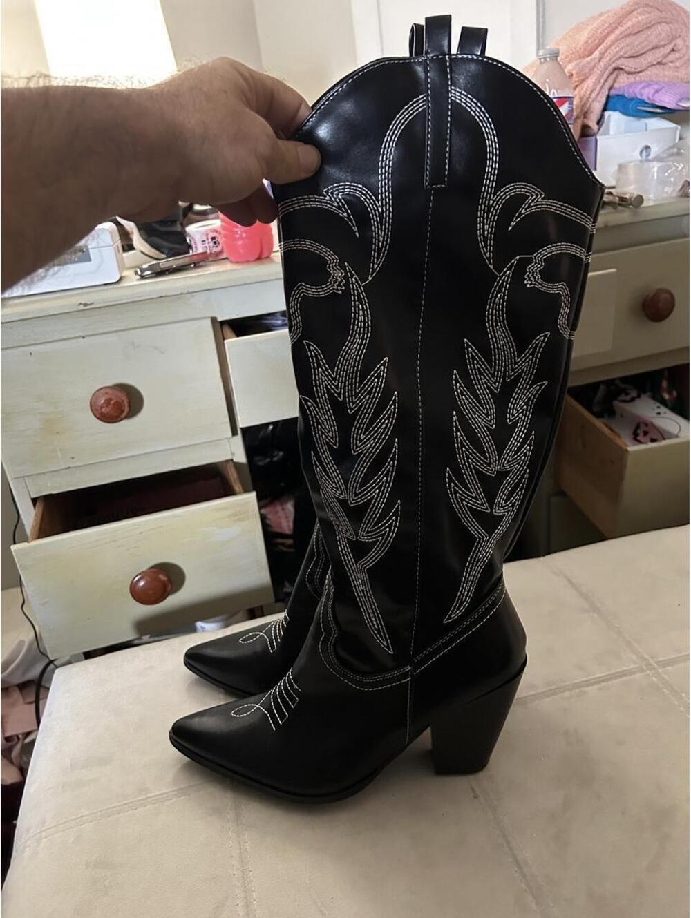 Fashion Nova Black leather cowboy boots with white embroidery size 11